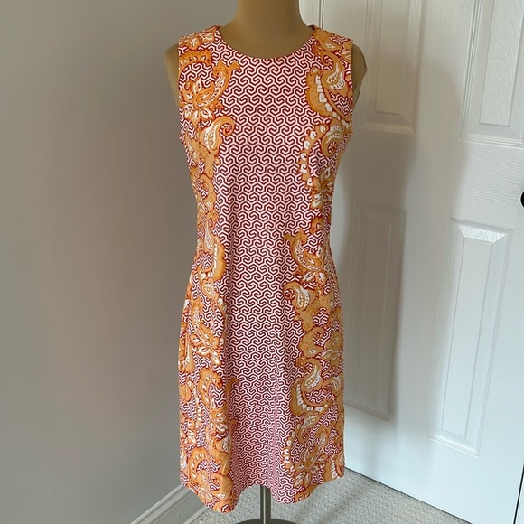 J. Mclaughlin Orange/White Abstract Paisley Sleeveless Sheath Dress - Picture 1 of 7